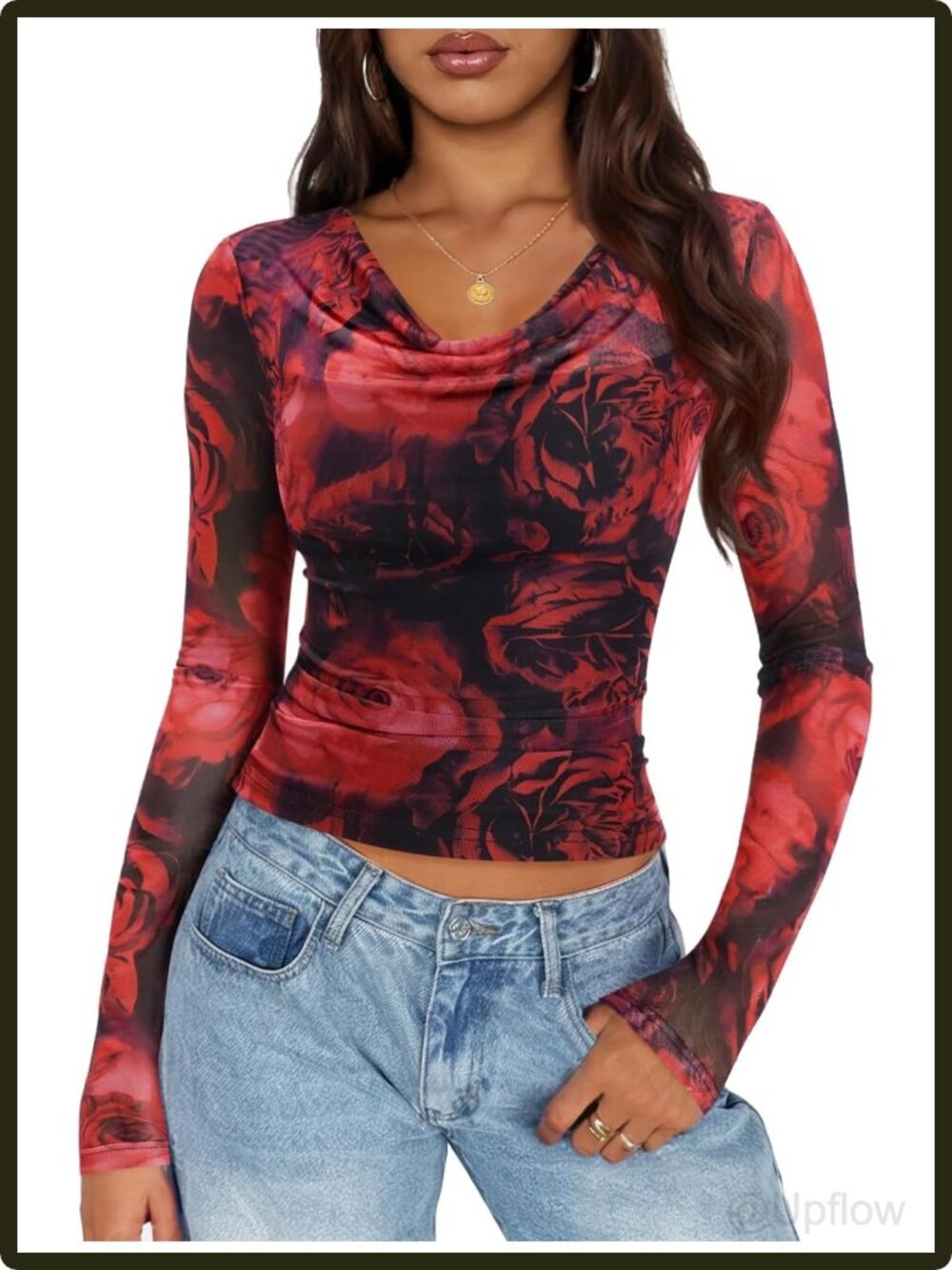 Women's Long Sleeve Floral Mesh Crop Top Cowl Neck Y2K Going Out Blouse Fall